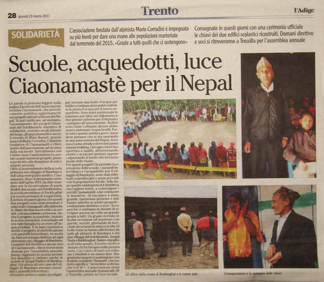 L'Adige 23 marzo 2017 Scuole, acquedotti, luce CiaoNamastè per il Nepal